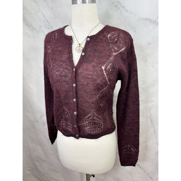 Calme Johnny Was y2k Burgundy Open Knit Cardigan Sweater Top S Wool Cottagecore - Picture 14 of 16